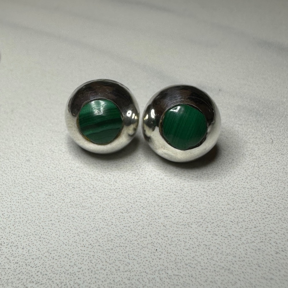 Vintage Southwestern Sterling Silver‎ 925 Malachite Round Stud Earrings